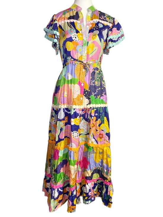 CeliaB Dresses & Skirts - Celia B Vibrant Abstract Print Tiered
Button Down Maxi Dress - Scallop Trim